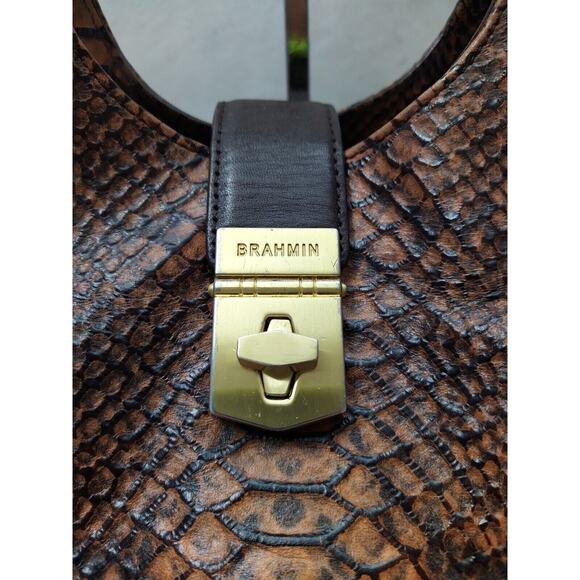 Brahmin Elisa Tortoise Brown Leather Python Embossed Turnlock Shoulder Bag - Picture 4 of 16